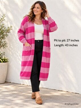 Isaac Mizrahi Live XL 100% Cashmere Pink Stripe Duster Cardigan